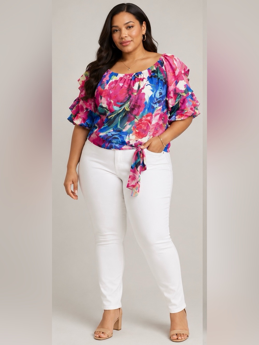 NEW Prelude Womens Floral Blouse 3/4 Sleeve Scoop Neck Pullover Top S